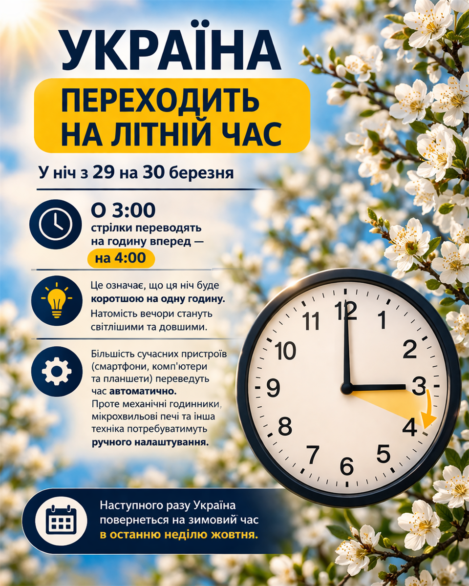 Україна переходить на літній час: коли переводити годинник у 2026 році
