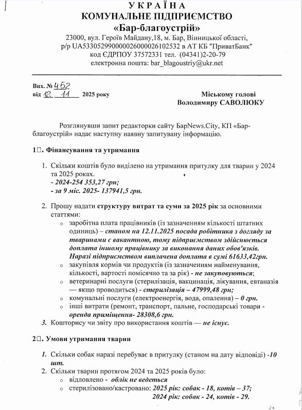 Барська міська рада відповіла на запит про вакцинацію тварин та притулок для собак